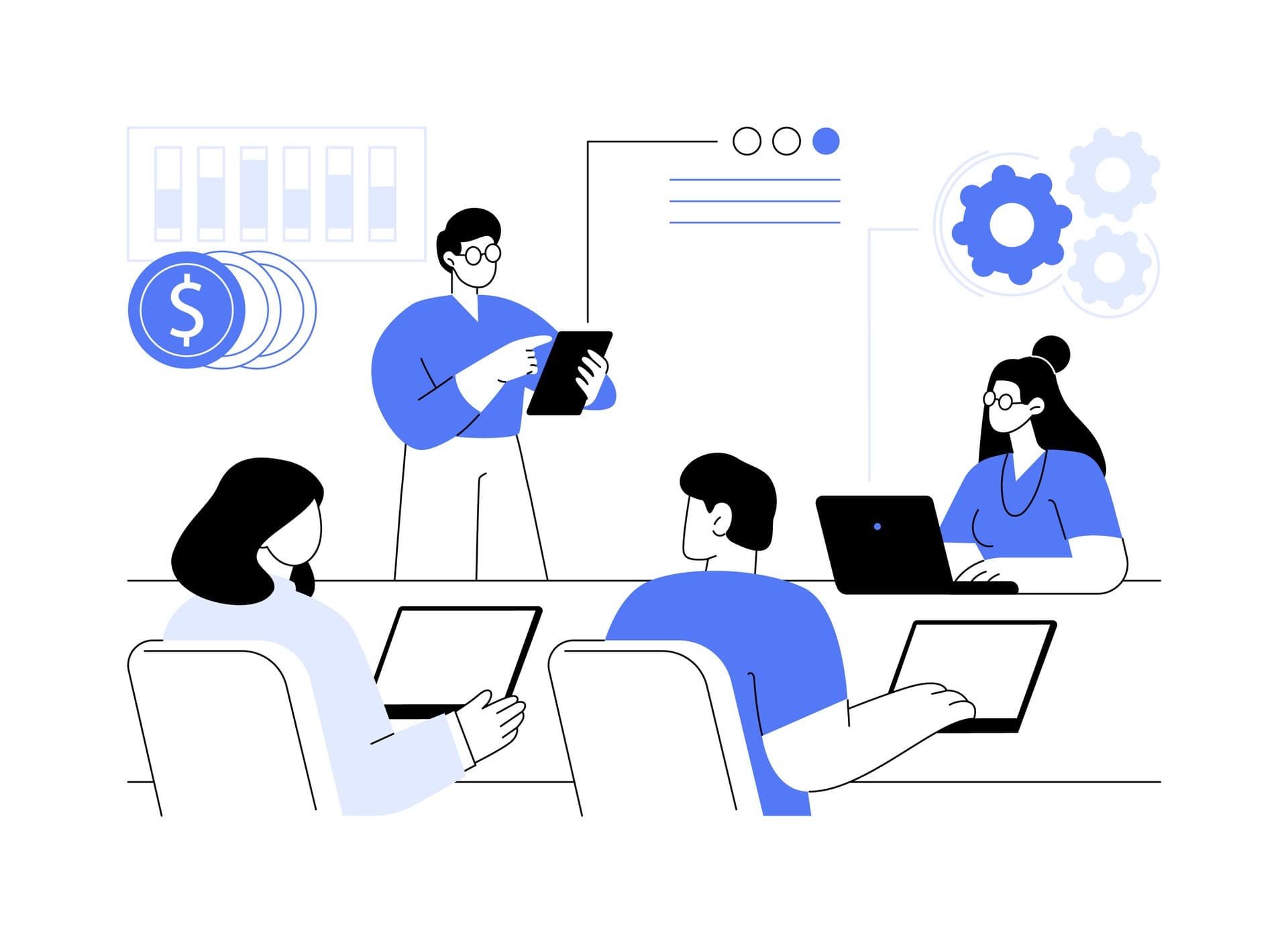 Invoice Fraud Risk for Resellers: Why It’s Rising and How to Reduce It 8 Illustration of a team in a training session reviewing payment and security scenarios on laptops, emphasizing employee awareness and education as a key defense against invoice fraud risk from urgent payment requests and domain variations.