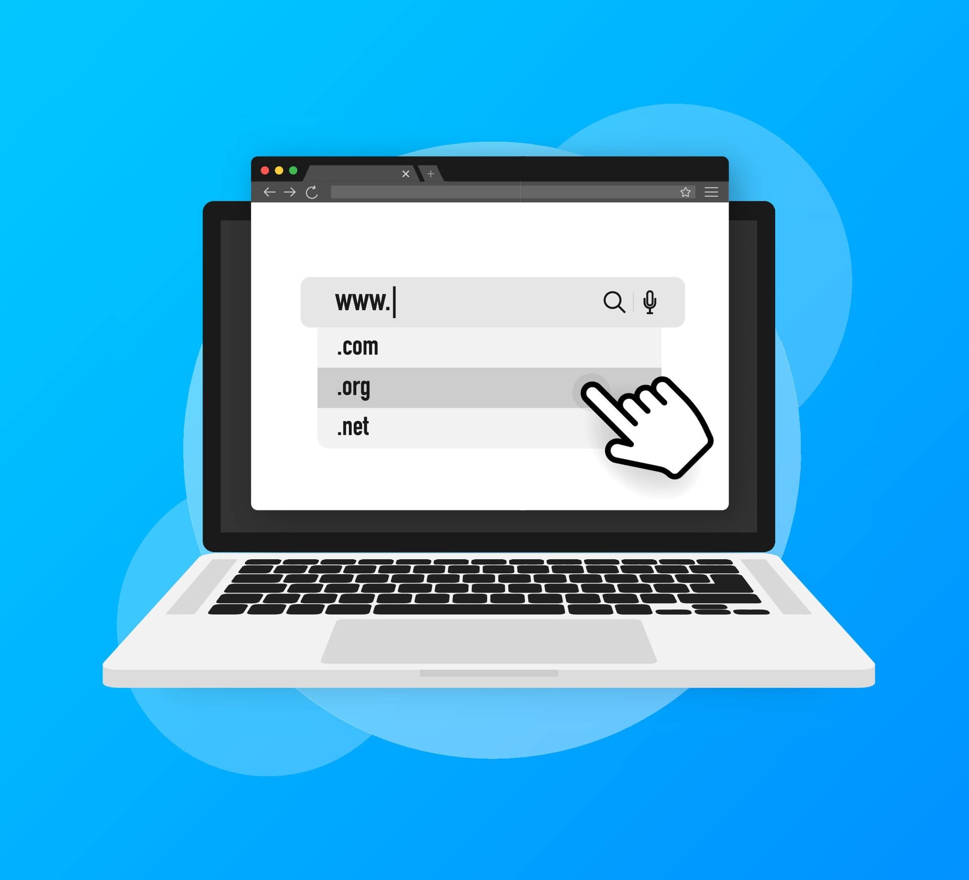 Invoice Fraud Risk for Resellers: Why It’s Rising and How to Reduce It 4 Illustration of a laptop displaying similar web domain options (.com, .org, .net) to represent look-alike domains and supplier impersonation, highlighting invoice fraud risk for accounts payable teams.