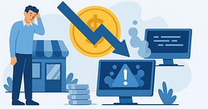 Flat vector illustration showing a business owner reviewing IT systems as costs decline, with warning indicators on screens and reduced resources, illustrating how problems emerge when an IT budget is too low and critical systems begin to feel pressure.