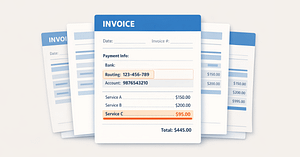 Invoice Fraud Risk for Resellers: Why It’s Rising and How to Reduce It 1 A calm, semi-flat illustration of several neatly stacked invoices, with one document showing a subtle misaligned bank detail and a highlighted routing field, representing how invoice fraud risk can appear within routine paperwork.