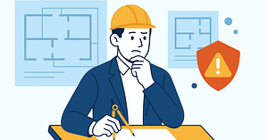 Security Risks in Project-Based Work Most Architecture & Engineering Firms Miss 1 Semi-flat illustration showing architectural project plans, work tools, and a warning shield icon representing security risks in project-based work.