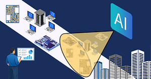 The Hidden Risk of Waiting in a Constrained Hardware Market 2 Illustration showing hardware resources flowing toward AI demand, where servers, laptops, and circuit boards become increasingly concentrated, representing how AI growth narrows availability in a constrained hardware market while a decision-maker reviews system data.