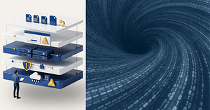 Most Common Causes of Data Loss for Businesses 1 Illustration representing the Most Common Causes of Data Loss, showing layered IT infrastructure, backups, security controls, and monitoring alongside a digital data tunnel symbolizing data flow and risk across interconnected systems.