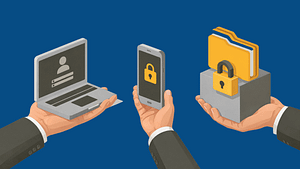 Secure Client Access in 2026: Why Access Control Is Everything 1 Secure client access illustration showing hands holding a laptop with user login, a smartphone with a security lock, and encrypted folders, representing Zero Trust identity protection and access control.