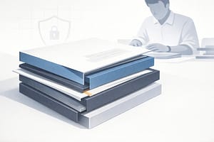 Tax Season Security Risks: 5 Gaps Firms Miss 1 Illustration of stacked tax documents and secure data layers highlighting tax season security risks related to data protection, access control, and sensitive financial information handling.