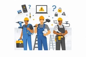 The Overlooked IT Risks for Contractors That Quietly Disrupt Job Sites 1 Alt text: A group of construction workers with tools and equipment, surrounded by digital warning icons and devices, illustrating how IT risks for contractors can impact everyday job-site operations and decision-making.