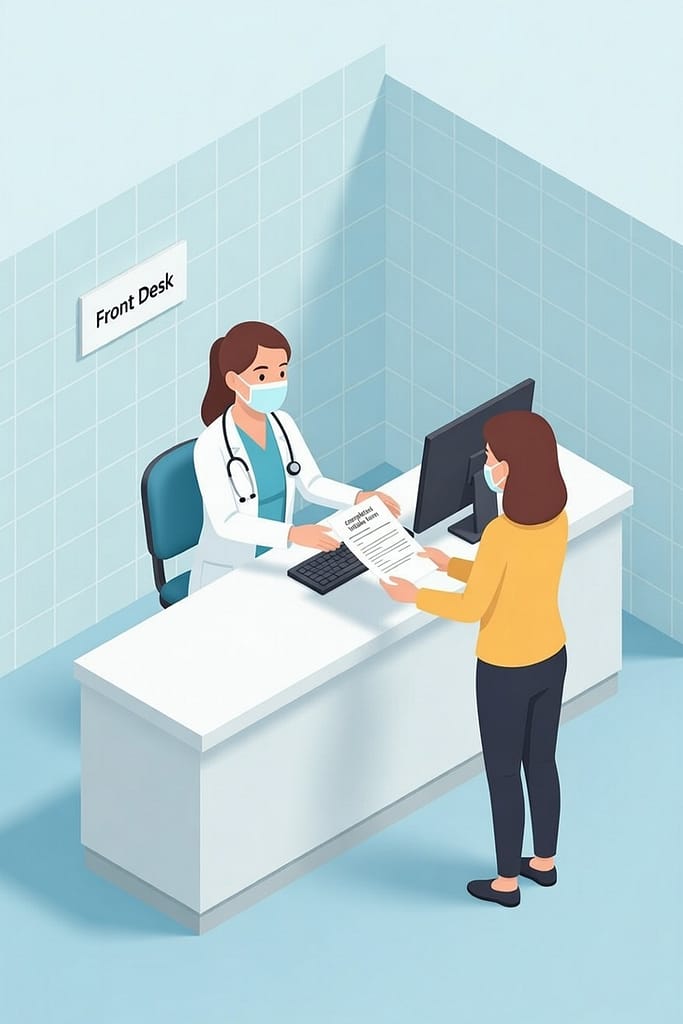 The Hidden PHI Exposure Risks in Healthcare Offices 7 Flat illustration of a clinic front desk where a patient hands paper forms to staff, representing PHI exposure risks from misplaced intake documents, visible schedules, and improper paper record handling.