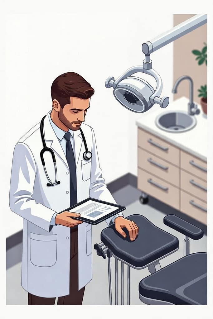Dental Imaging Downtime: What It Really Costs Your Practice 7 Dentist reviewing tablet in operatory during dental imaging downtime, illustrating vendor support gaps and lack of unified system accountability.