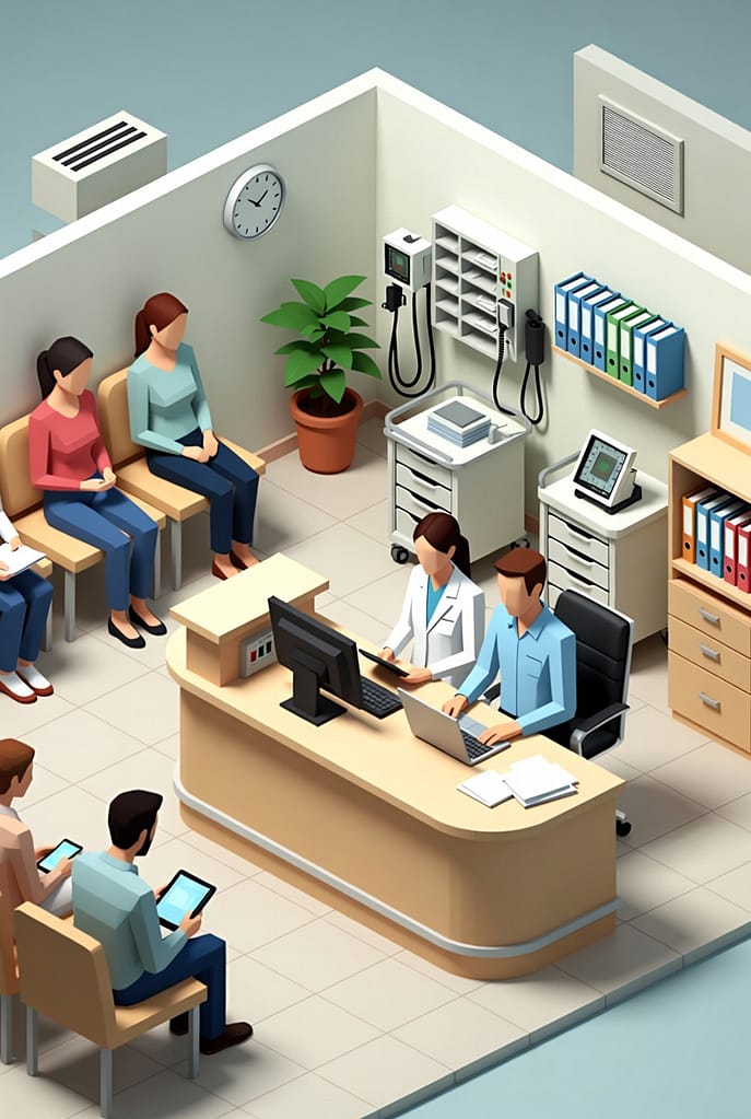 The Hidden PHI Exposure Risks in Healthcare Offices 4 Flat illustration of a healthcare front desk and waiting room with staff accessing EHR systems, representing PHI exposure risks from shared logins, over-permissioned access, and credential misuse in clinical settings.