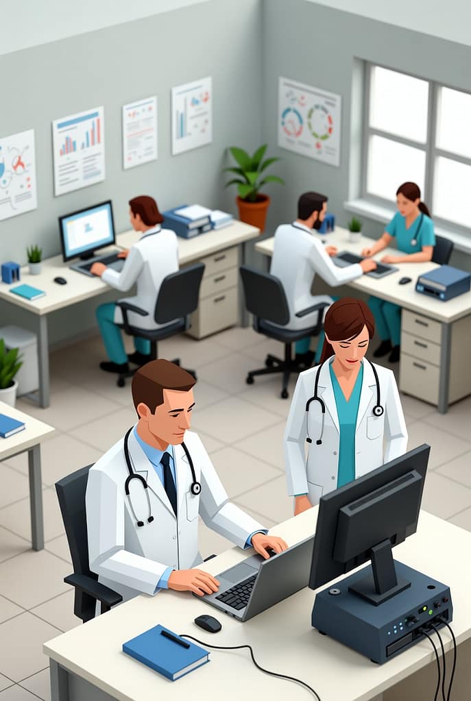 The Hidden PHI Exposure Risks in Healthcare Offices 6 Flat illustration of healthcare clinicians working at networked computer workstations, representing PHI exposure risks from legacy systems, unpatched software, and limited visibility into connected medical devices.