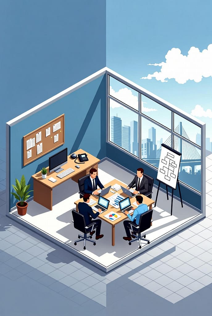 What Business Continuity Planning for Small and Medium Businesses Means 5 Illustration of a team reviewing a one‑page business impact analysis, showing how business continuity planning for small and medium businesses prioritize critical functions and recovery decisions.
