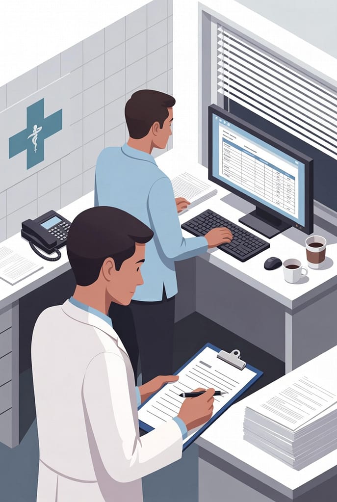 The Hidden PHI Exposure Risks in Healthcare Offices 5 Flat illustration of healthcare staff reviewing vendor records and system dashboards, representing PHI exposure risks from third-party access, undocumented vendor oversight, and limited visibility into patient data security controls.