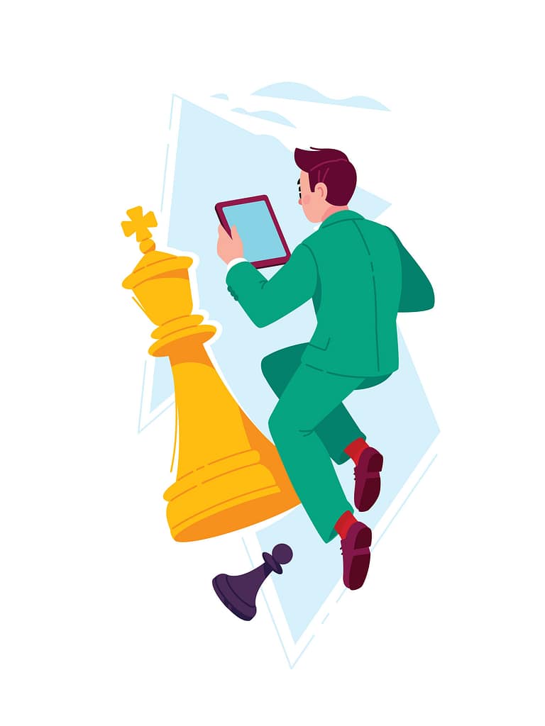 Secure Client Access in 2026: Why Access Control Is Everything 12 Illustration symbolizing secure client access as a strategic security framework, showing a professional using a tablet while moving past a fallen chess king, representing how Zero Trust access models strengthen security strategy, protect business systems, and reduce the impact of compromised credentials.