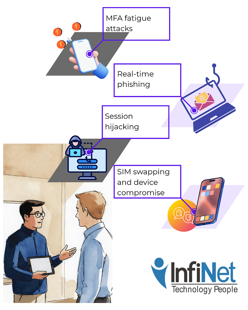 MFA Isn’t Enough: What Businesses Need Beyond MFA to Stay Secure 3 Illustration showing MFA fatigue attacks, real-time phishing, session hijacking, and SIM swapping to demonstrate why MFA isn’t enough, alongside two professionals discussing cybersecurity solutions with InfiNet's company logo displayed.