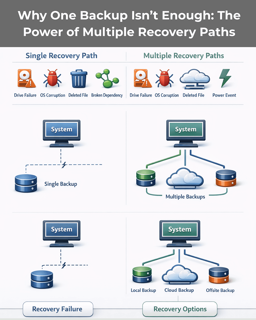 3-2-1 Backup Rule Explained for Businesses with Managed IT 3 Visual comparison of single backup vs multiple recovery paths under the 3-2-1 Backup Rule for business continuity and ransomware protection