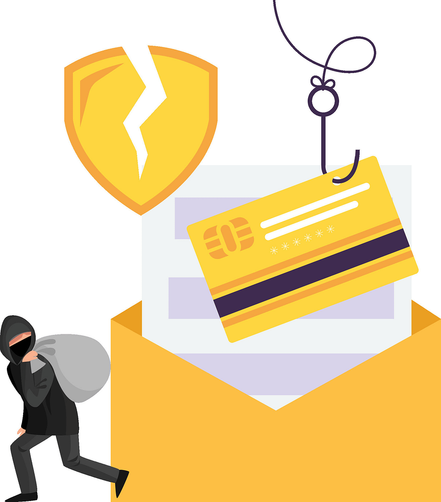 Most Common Causes of Data Loss for Businesses 5 Illustration representing the Most Common Causes of Data Loss, focusing on compromised credentials such as phishing, MFA fatigue, and token abuse, with visuals of a phishing hook, cracked security shield, stolen credit card, and unauthorized account access.